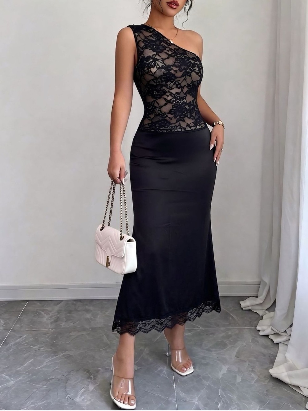 One-Shoulder Lace Trimmed Midi Dress